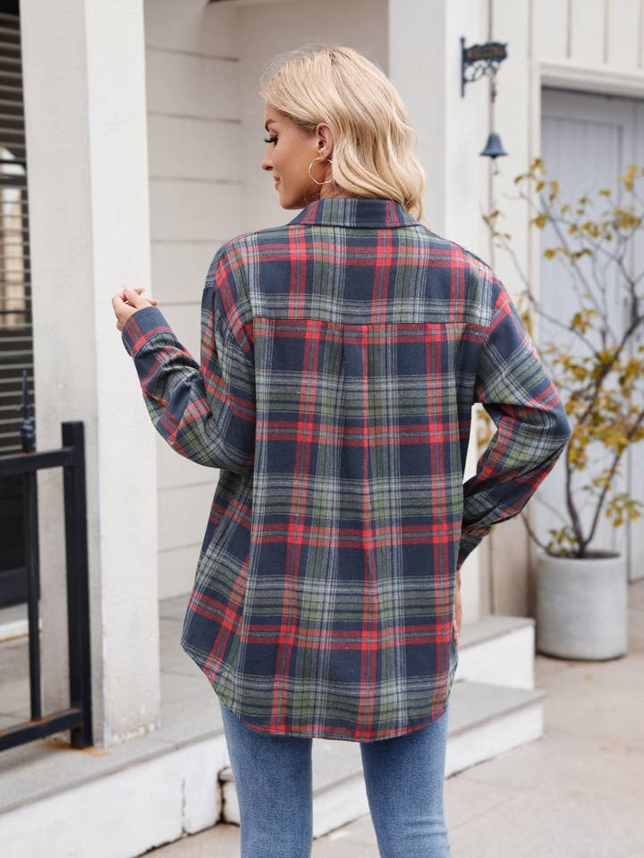 Suhkasana - Wholesale Button Down Shirt - Women's - Women’s Casual Plaid Shirt with Pockets Loose Fit Fashion Top10