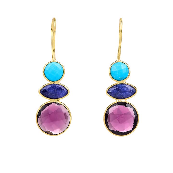 Elyssa Bass Designs - Venta al por mayor Pendientes colgantes - Pendientes con gemas multicolores de turquesa, zafiro y amatista