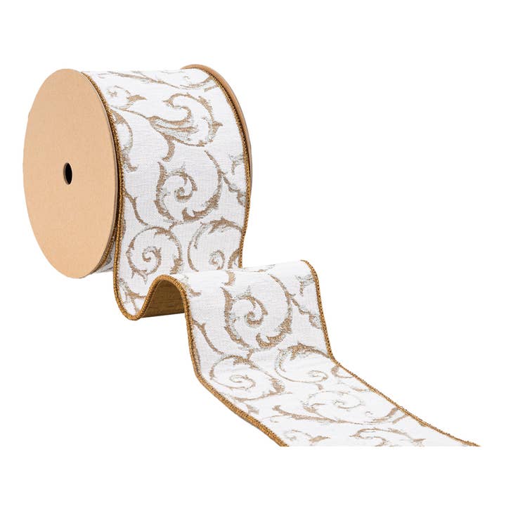 LA Ribbons Wholesale - Wholesale Ribbon - Gift Wrapping - 4" Wired Jacquard Ribbon | Metallic Scroll on Ivory w/ Gold Metallic Dupioni-fused Backing | 10 Yard Roll
5
