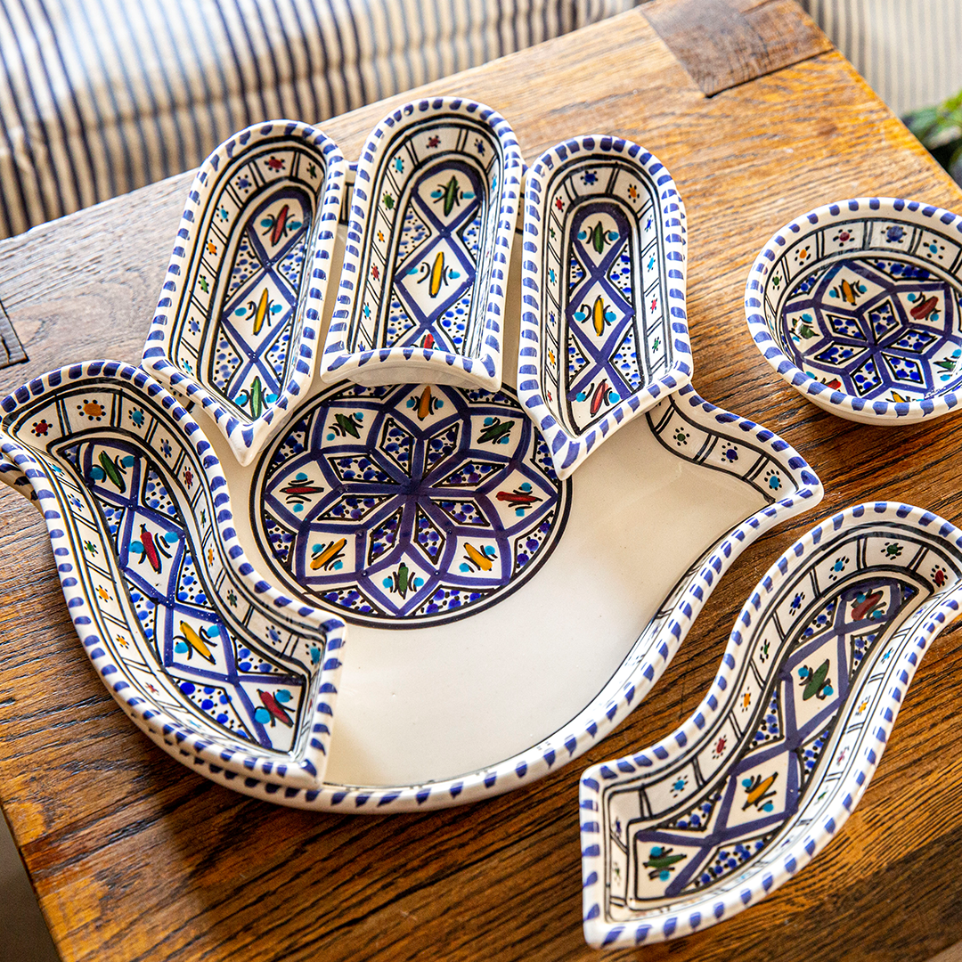 Kamsah - Vente Assiettes/plats/bols de décoration - Ensemble de trempage et de service en céramique Hamsa bleu bohème fait main6