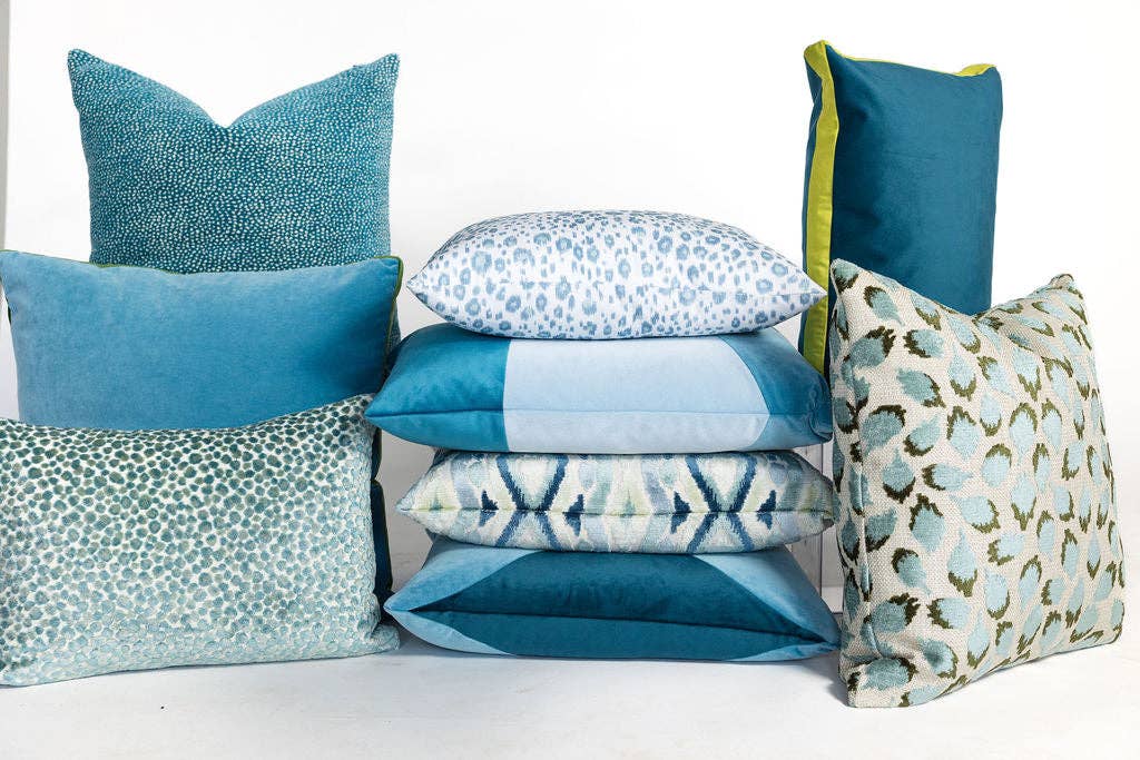 Lottie Mineral -Aqua & Green Spotted Cut Velvet Throw Pillow for wholesale on Faire13