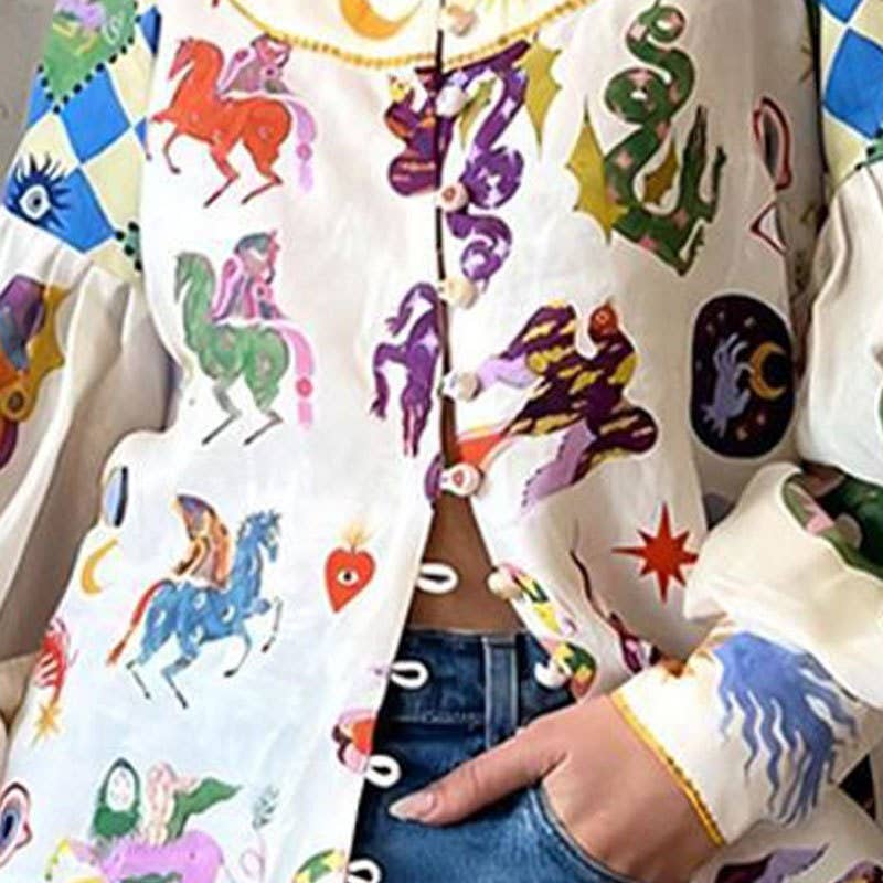 PRINTING Loose Casual Cartoon Printed Lapel Long Sleeve Shirt for wholesale on Faire3