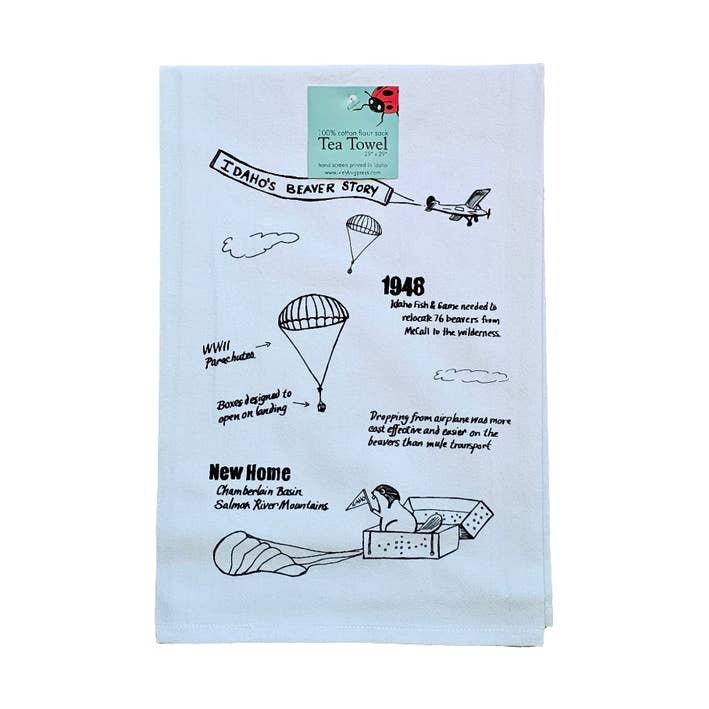 Idaho Beaver Story Tea Towel, flour sack for wholesale by Ladybug Press