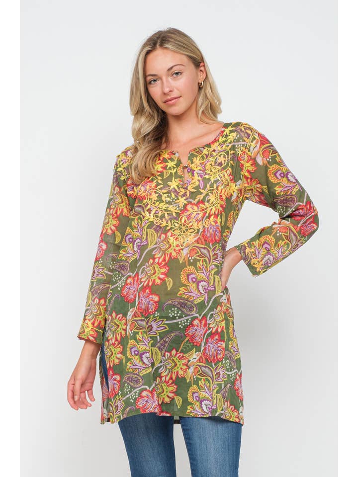 Raj Trading & Imports (USA) Inc. - Wholesale Tunic - Women's - Carlyle Olive Printed Embroidered Tunic