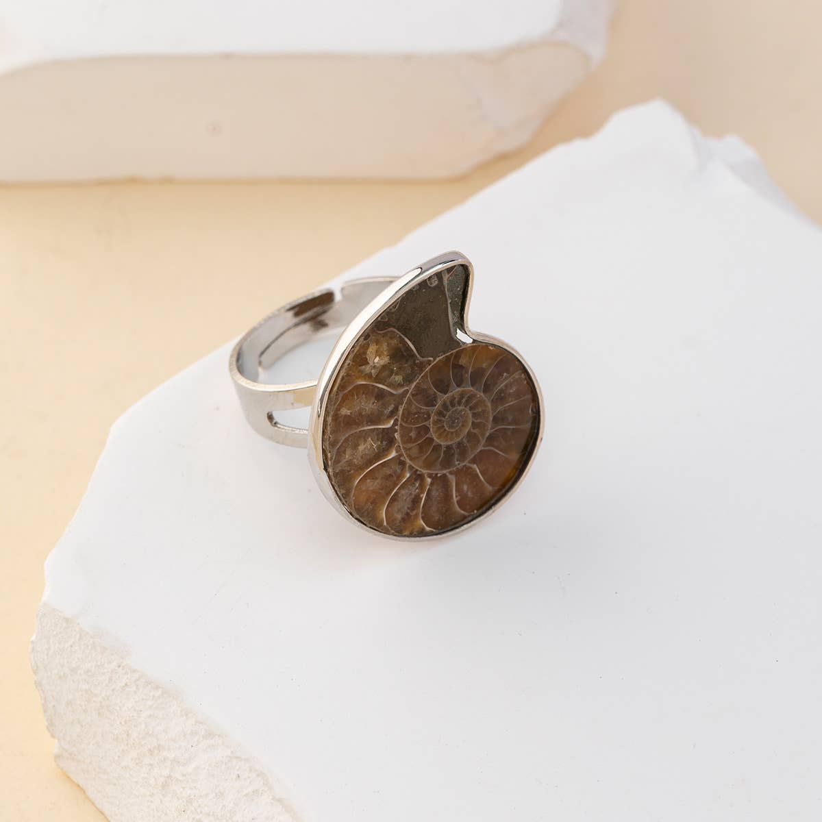 Brown Bohemian Conch Fossil Statement Open Rings  for wholesale on Faire2