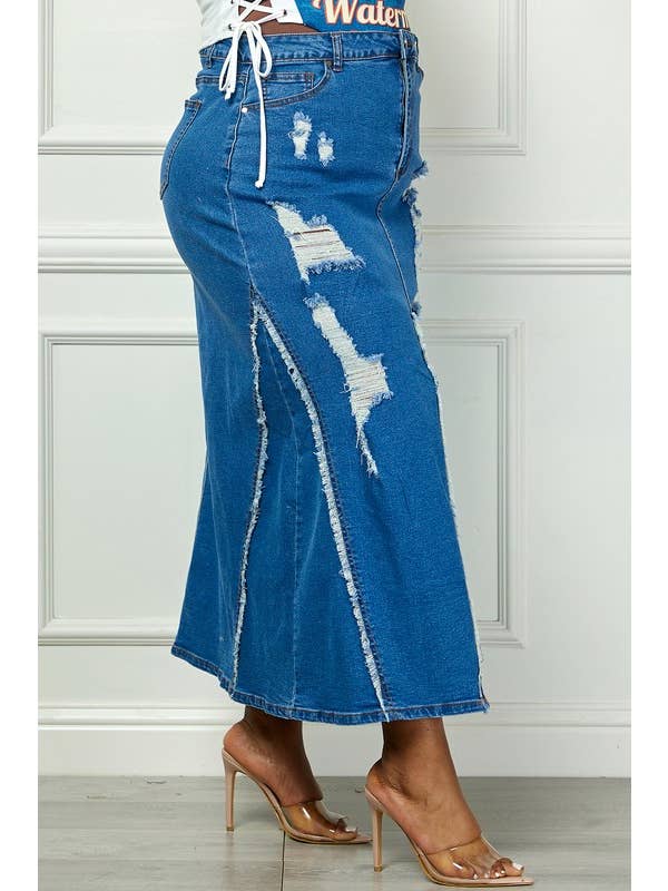 Mezclilla azul Falda de mezclilla regular de talle alto con abertura delantera desgastada de venta al por mayor en Faire3