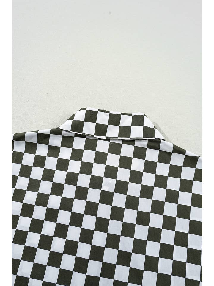 Green Checkerboard Printed Drop Shoulder Loose Casual Shirt for wholesale on Faire4