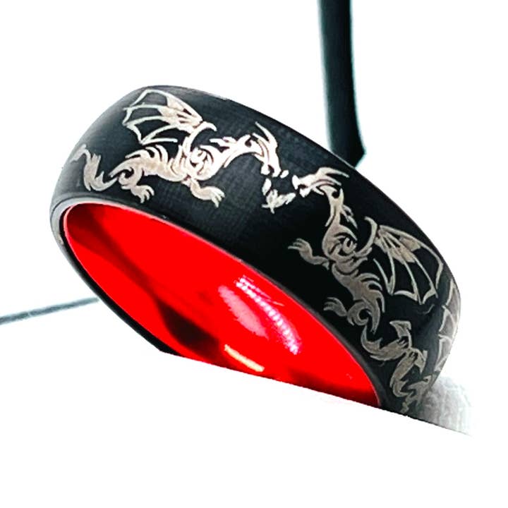 Anel de 8mm gravado com padrão de dragões, presente personalizado exclusivo por atacado de rings paradise