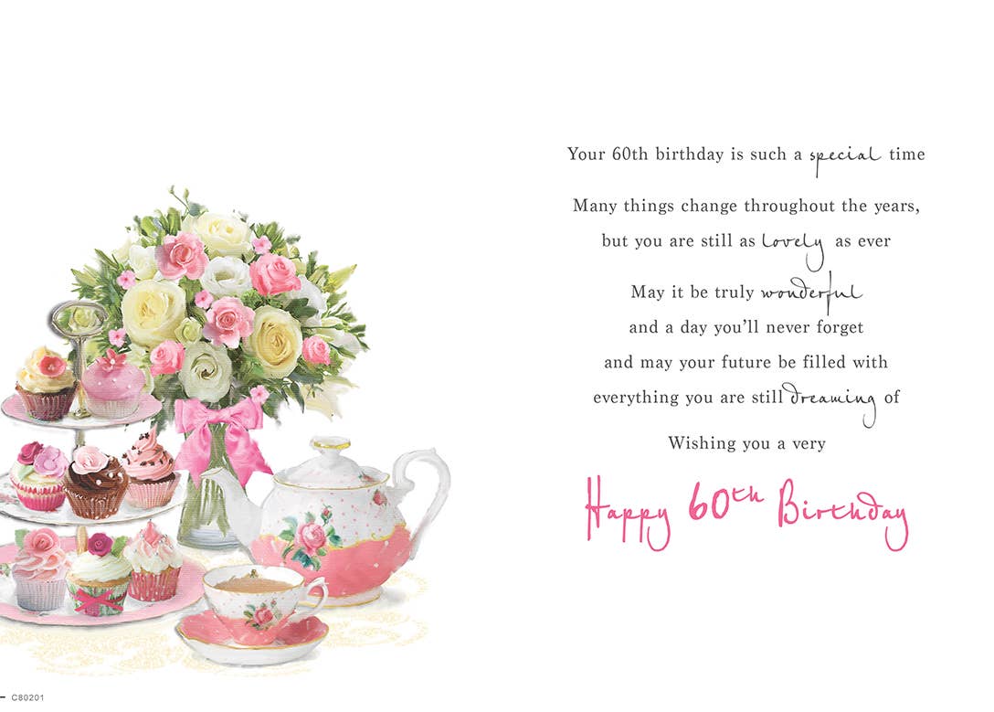 Piccadilly Greetings – wholesale Birthday card – Milestone Age Birthday Card, Age 60 F, Cake Stand, Flowers1