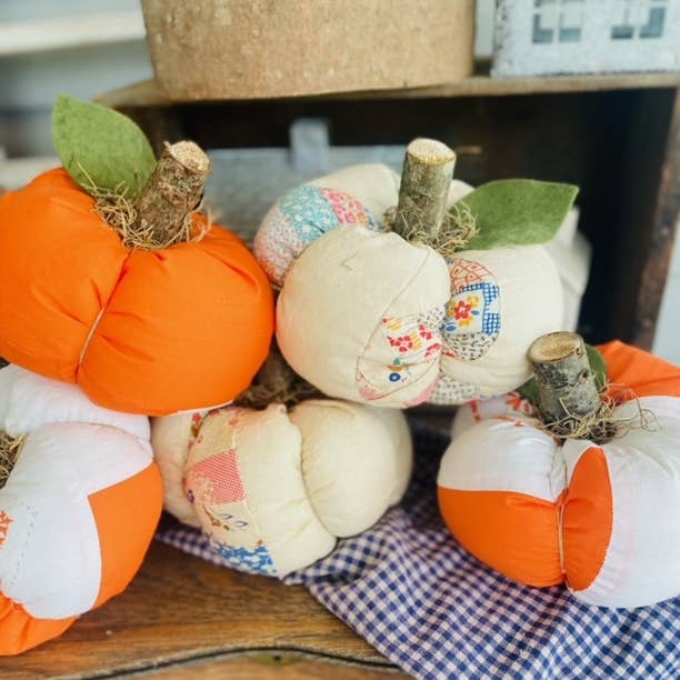 A Gnome on the Roam - Wholesale Decorative Tabletop Object - Handmade Fabric Pumpkins Vintage Quilt Top 7" Fall Decor7