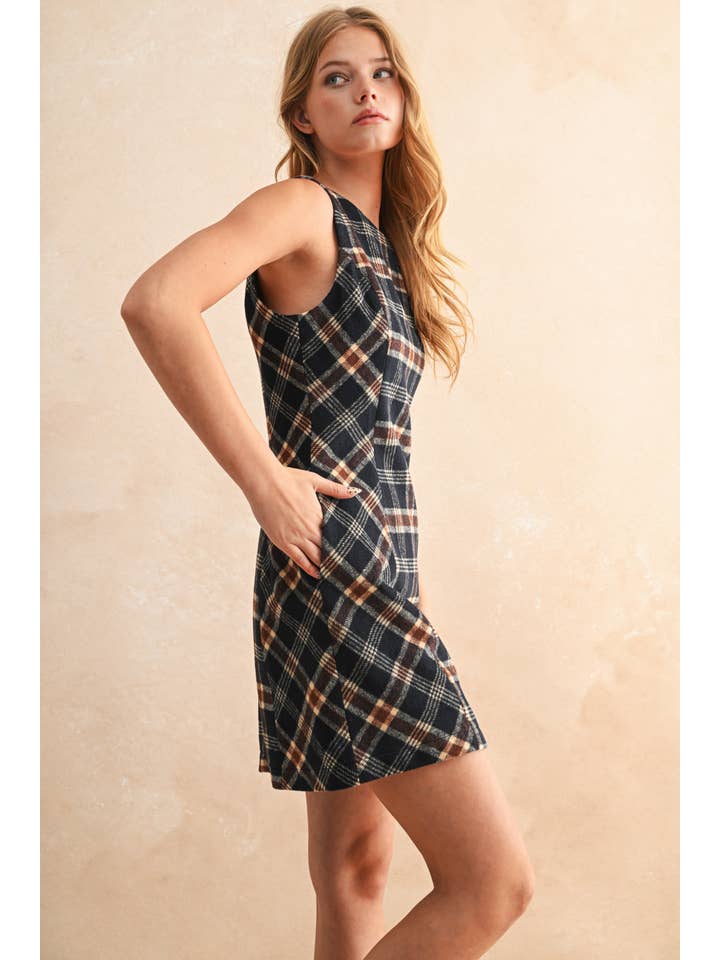 NAVY D5632 PLAID PATTERN DRESS for wholesale on Faire1