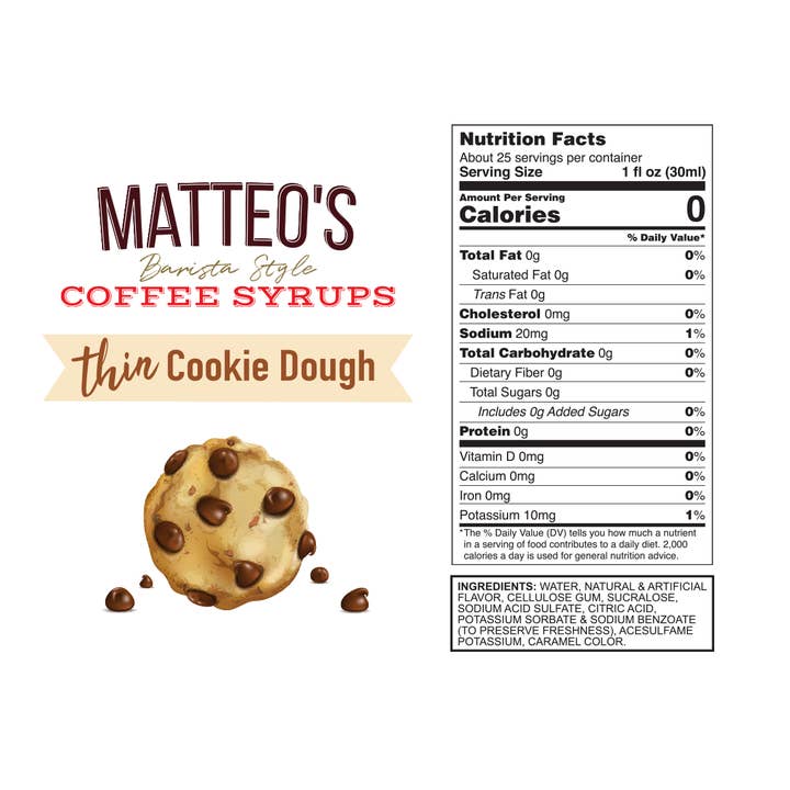 Matteo's - Wholesale Flavored Syrup - Matteo's Sugar Free Coffee Syrup, Cookie Dough, 0 Calories, 0 Sugar, Keto Friendly