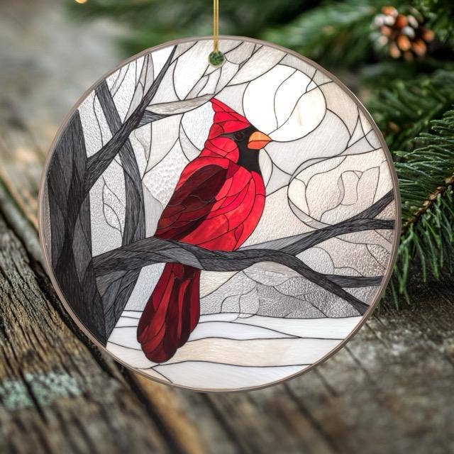 Peeping Tom's Cottage - Wholesale Ornament - Cardinal Christmas Ornament – Porcelain Stained Glass Look – Double Sided – Sold Individually or as Set of 73