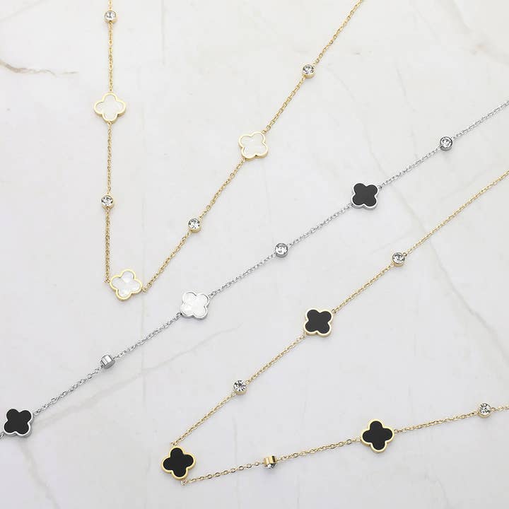 Wona Trading, Inc. - Wholesale Pendant/Charm Necklace - Stainless Steel Quatrefoil Stone Bezel Station Necklace