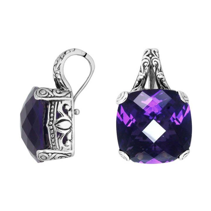 AP-6161-AM Sterling Silver Cushion-Cut Amethyst Quartz Pendant With Hinged Bail- Wholesale Bali Jewelry for wholesale by Bali Designs