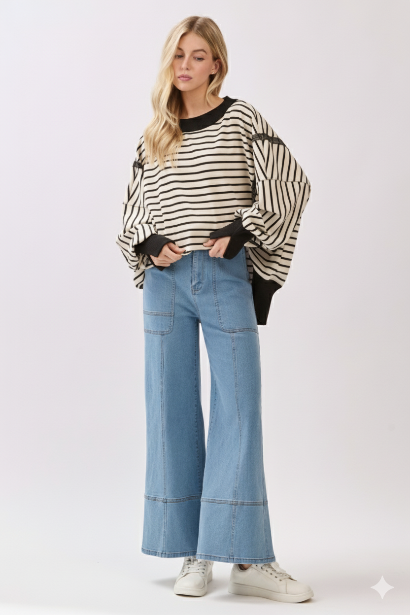 Sewn and Seen - Wholesale Sweatshirt - Women's - Striped Balloon Sleeve Terry Sweatshirt20