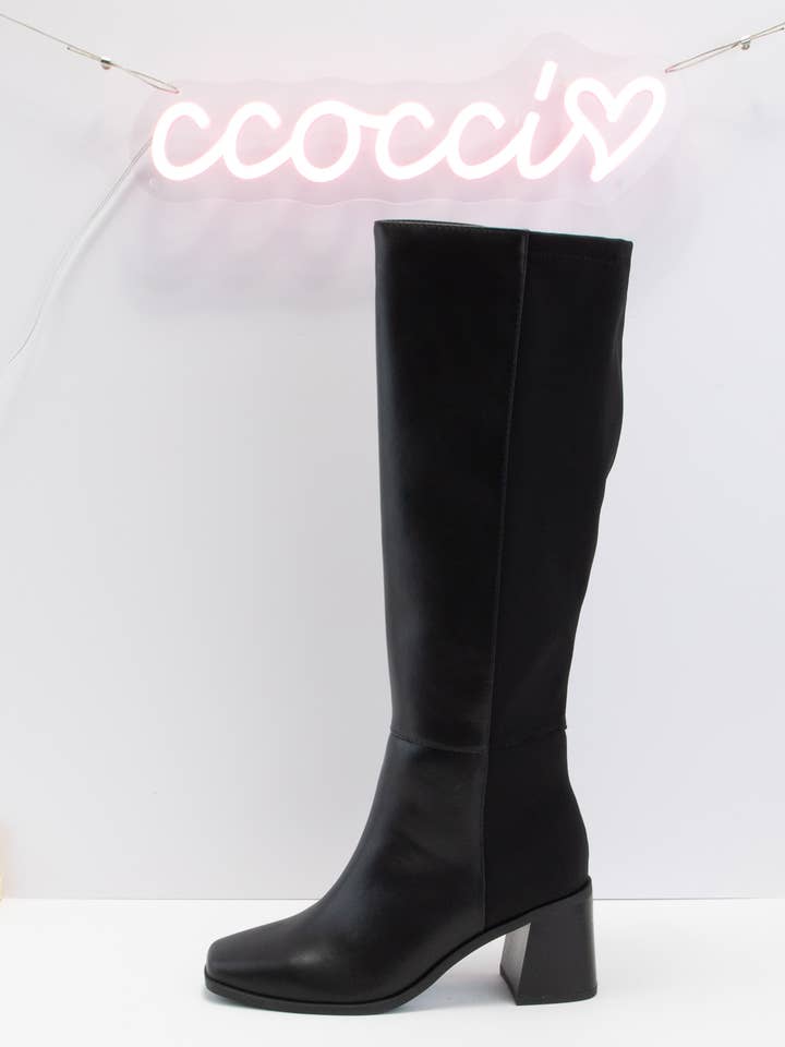 BLACK PU DAHLIA ELASTIC CALF TALL BOOTS WITH STACKED HEEL for wholesale on Faire
