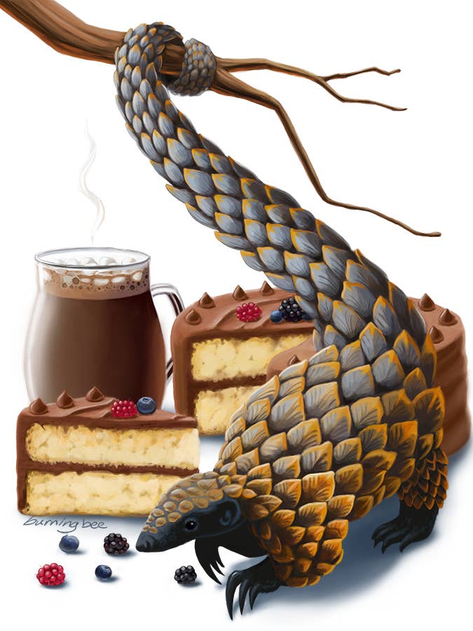 Hot Cocoa, A Slice Of Cake, & A Tree Pangolin Art Print for wholesale by Burning Bee Illustration