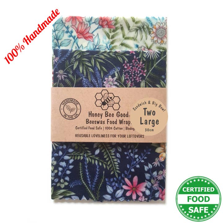 2 Large HANDMADE Sandwich/Big Bowl Beeswax Wraps | Botanical for wholesale by Honey Bee Good
