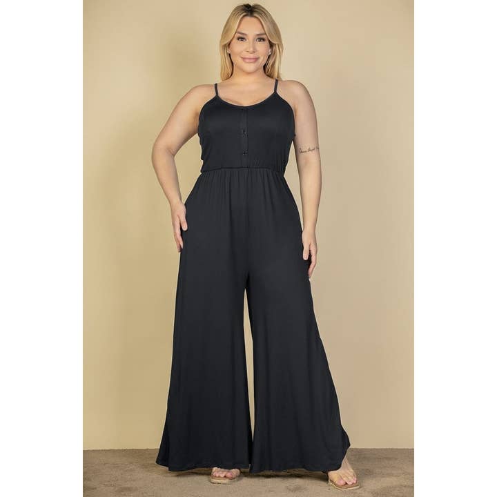 Black Pearl Clothing – wholesale Jumpsuit - Dam – Plus Size Klädknapp Fram Bred Ben Jumpsuit
