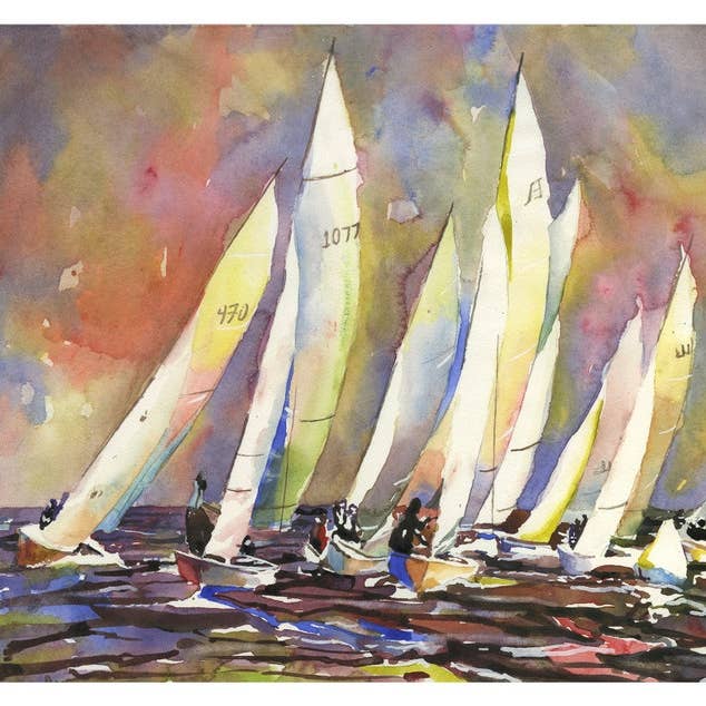 Bateaux participant à des régates. Bateaux à voile se baladant autour d'une bouée lors d'une régate à voile - art nautique, peinture colorée, aquarelle (impression) pour la vente par Ryan Fox Fine Art