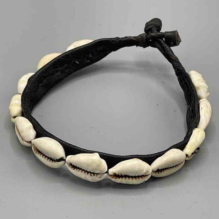 Single Line Cowrie Shell Solid Color Leather Clasp Bracelet - Mali for wholesale by The Niger Bend