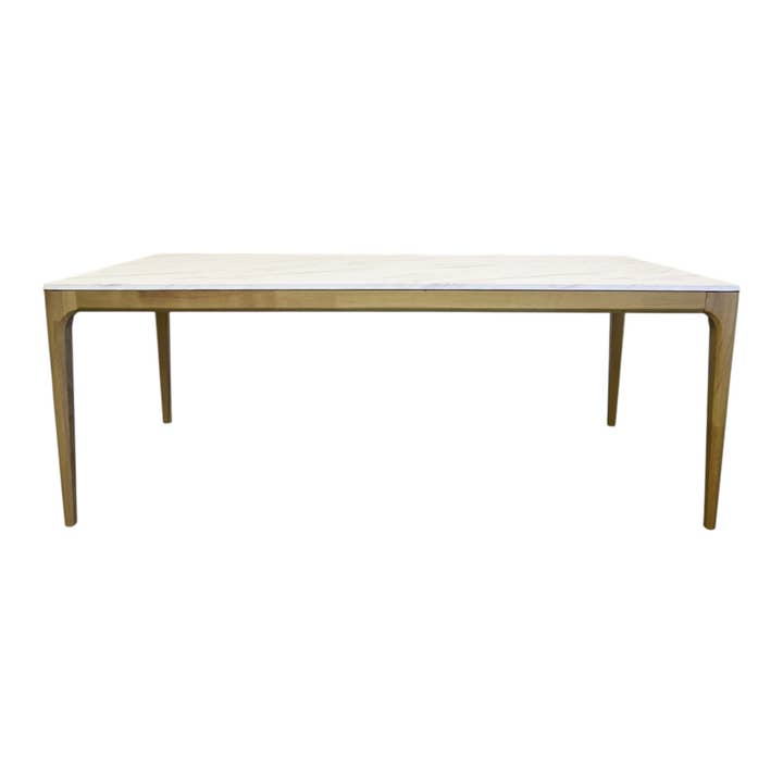 79" White and Oak Faux Marble and Wood Dining Table for wholesale by HomeRoots