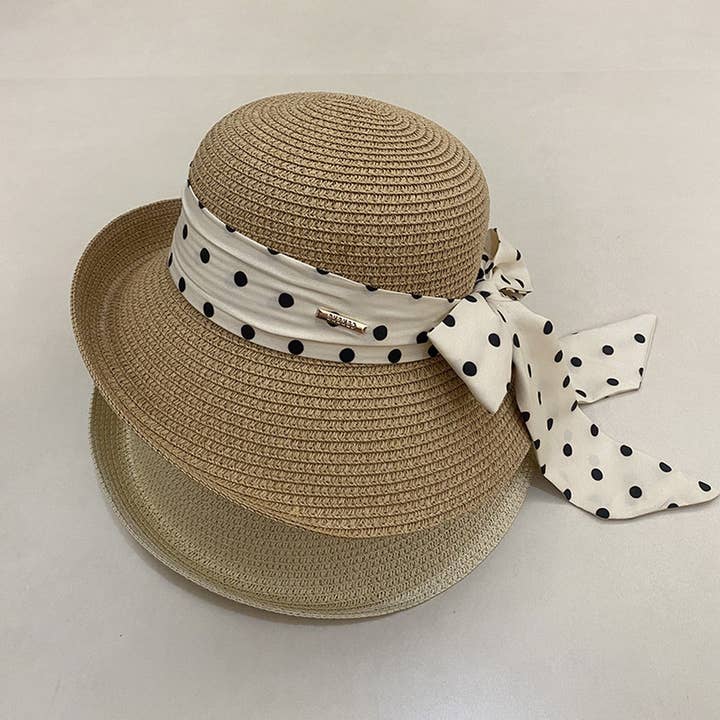 ACCITY - Wholesale Straw Hat - Women's - Women's Retro Polka Dot Bow Sun Hat_CWAH3498