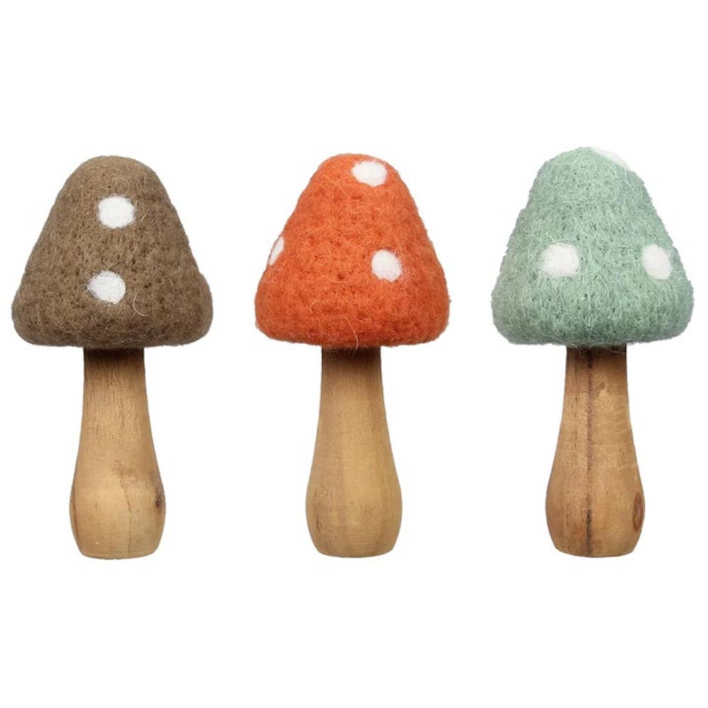 Will's Company - Wholesale Decorative Tabletop Object - Wood & Wool Mushroom - 3 assorted colors, 5.5" H0
