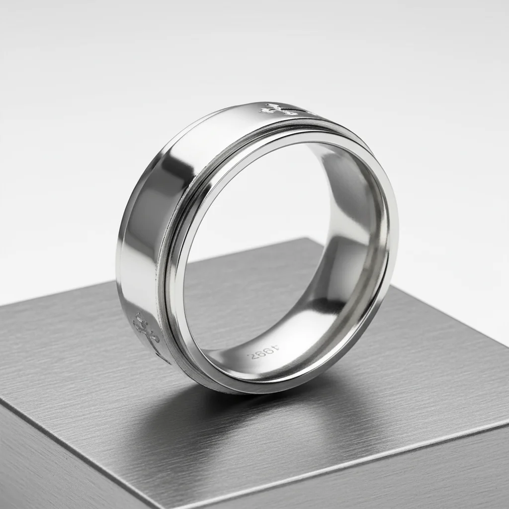 WJW - Vente Anneau/bague à empiler - Bague Cross Spinner Center en acier inoxydable hautement poli1