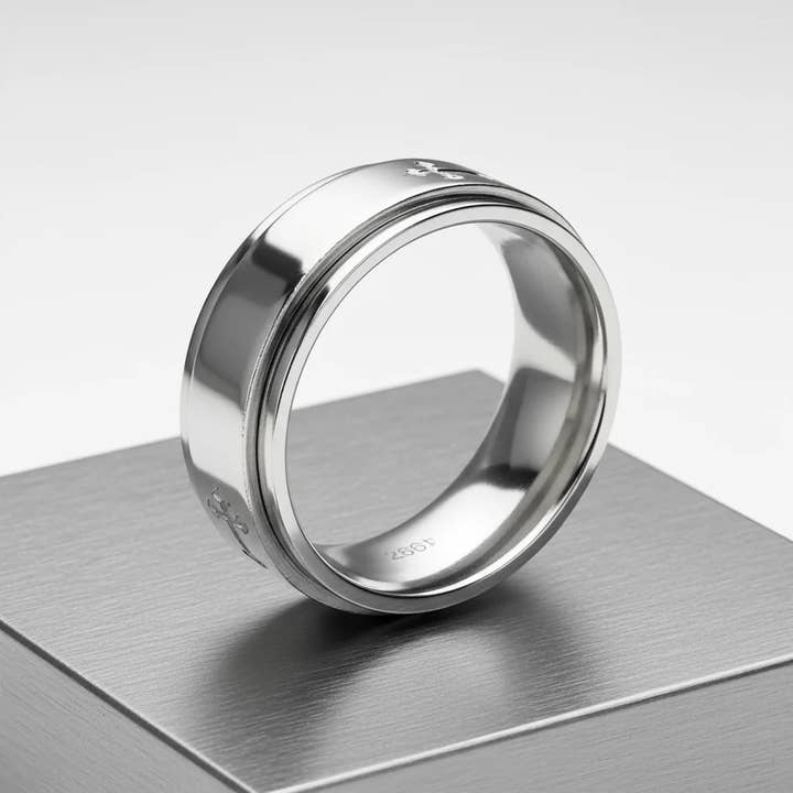 WJW - Vente Anneau/bague à empiler - Bague Cross Spinner Center en acier inoxydable hautement poli1