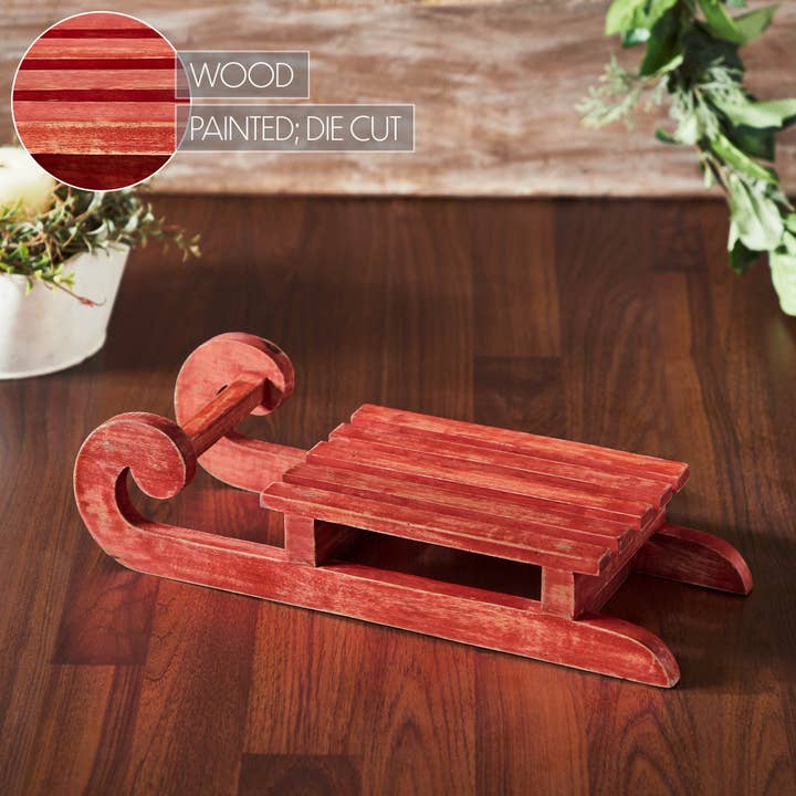VHC Brands - Wholesale Decorative Tabletop Object - Red Sled Wooden Figurine 16x6x2.75