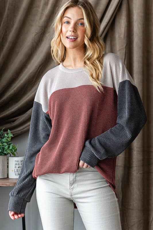HEIMISH - Wholesale Knit Top - Women's - ET7662-10 LONG PUFF SLEEVE URBAN RIBBED COLOR BLOCK TOP2