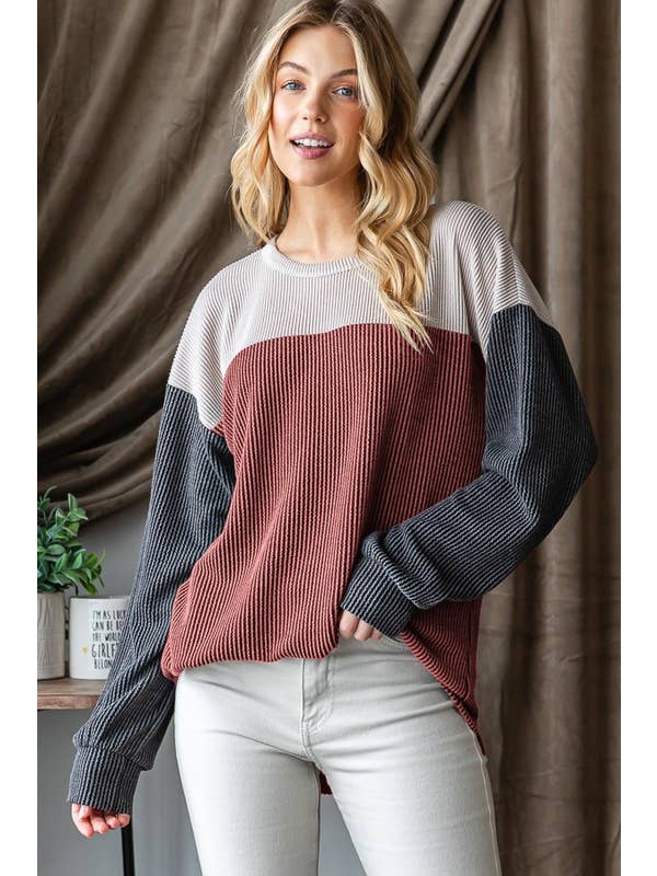 HEIMISH – wholesale Knit top – Women's – ET7662-10 LONG PUFF SLEEVE URBAN RIBBED COLOR BLOCK TOP2