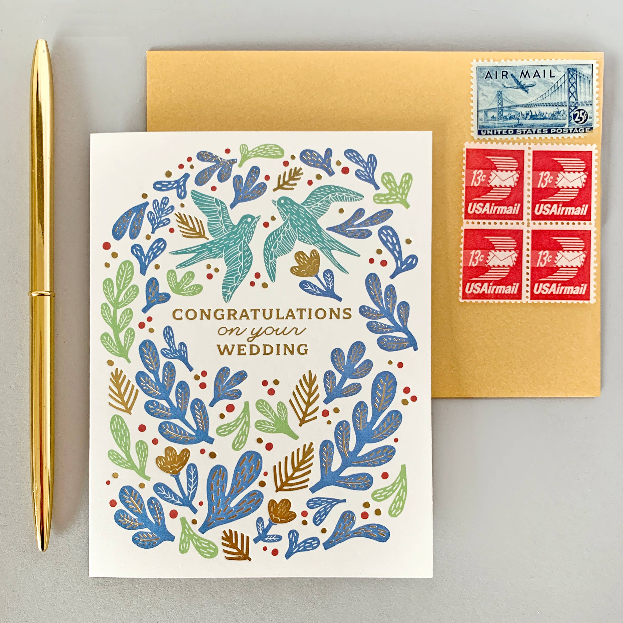 Paper Parasol Press - Wholesale Wedding Card - Bird Wedding Congratulations Card with Gold Foil2