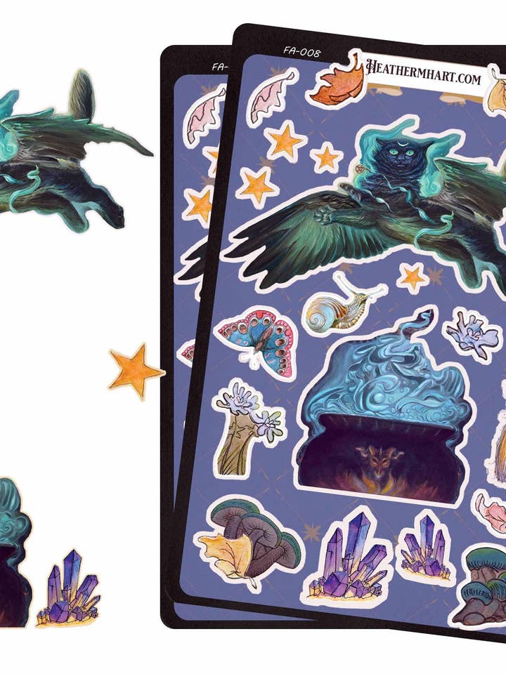Winged Cat Sticker Set | Gothic Cottagecore Planner Stickers | Magical Creatures Die-Cut Stickers for wholesale by Wings of Fantasy