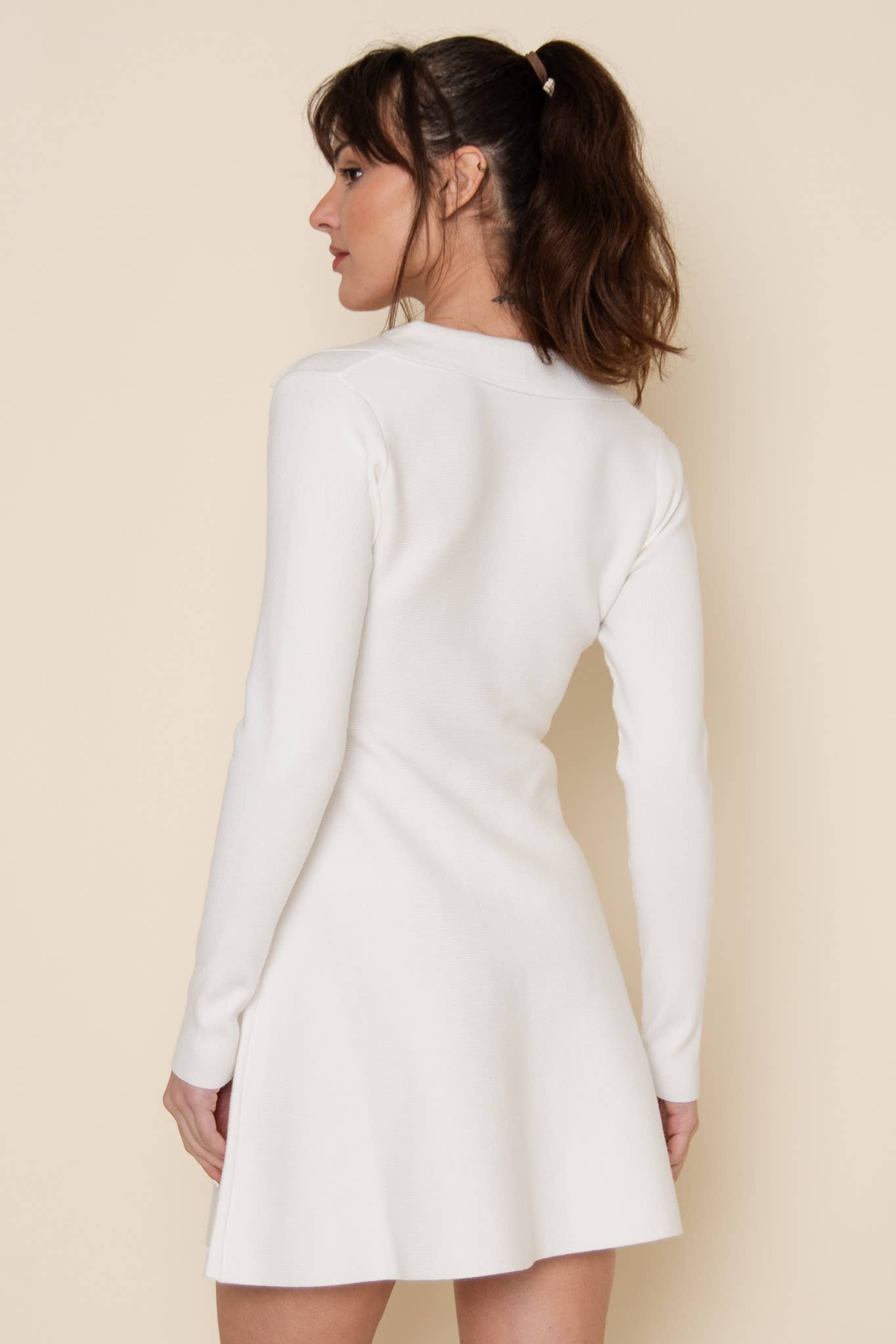 Fore Collection - Wholesale Dress - Women's - MINIMALIST V NECK LONG SLEEVE KNIT MINI DRESS-DI10363FO11