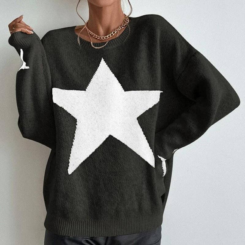 Dipped Shop - Wholesale Knit Sweater - Women's - Round Neck Star Jacquard Pullover Sweater DPT14276