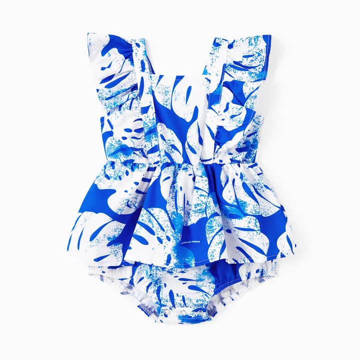Baby Girl Blue Leaf Print Romper for wholesale by PatPat
