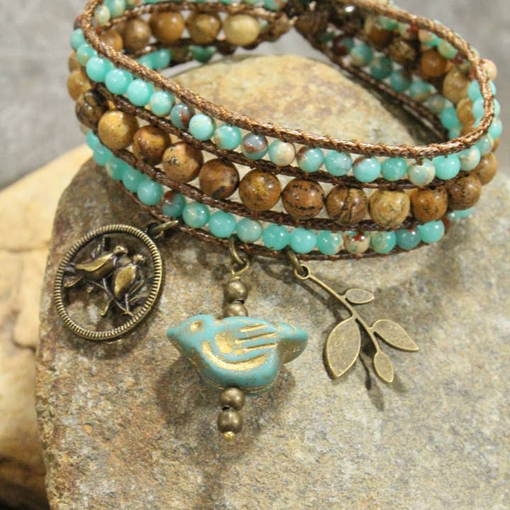 The Primitive Peddler, Inc. - Wholesale Charm/Dangle Bracelet - Bronze, Leather, & Stone Bird Charm Bracelet