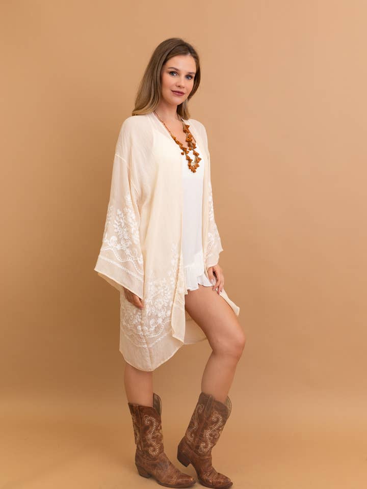 Leto Accessories - Wholesale Kimono - Women's - Embroidered Floral Vine Lightweight Kimono - Bell Sleeves5