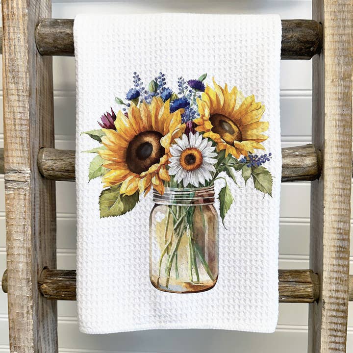 Summer Bouquet in Mason Jar Tea Towel - custom text option for wholesale by This Joyful Home