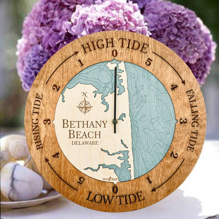 Bethany Beach Tide Clock Nautical Wood Map - 2 Sizes for wholesale by Sea & Soul Nautical Chart Art