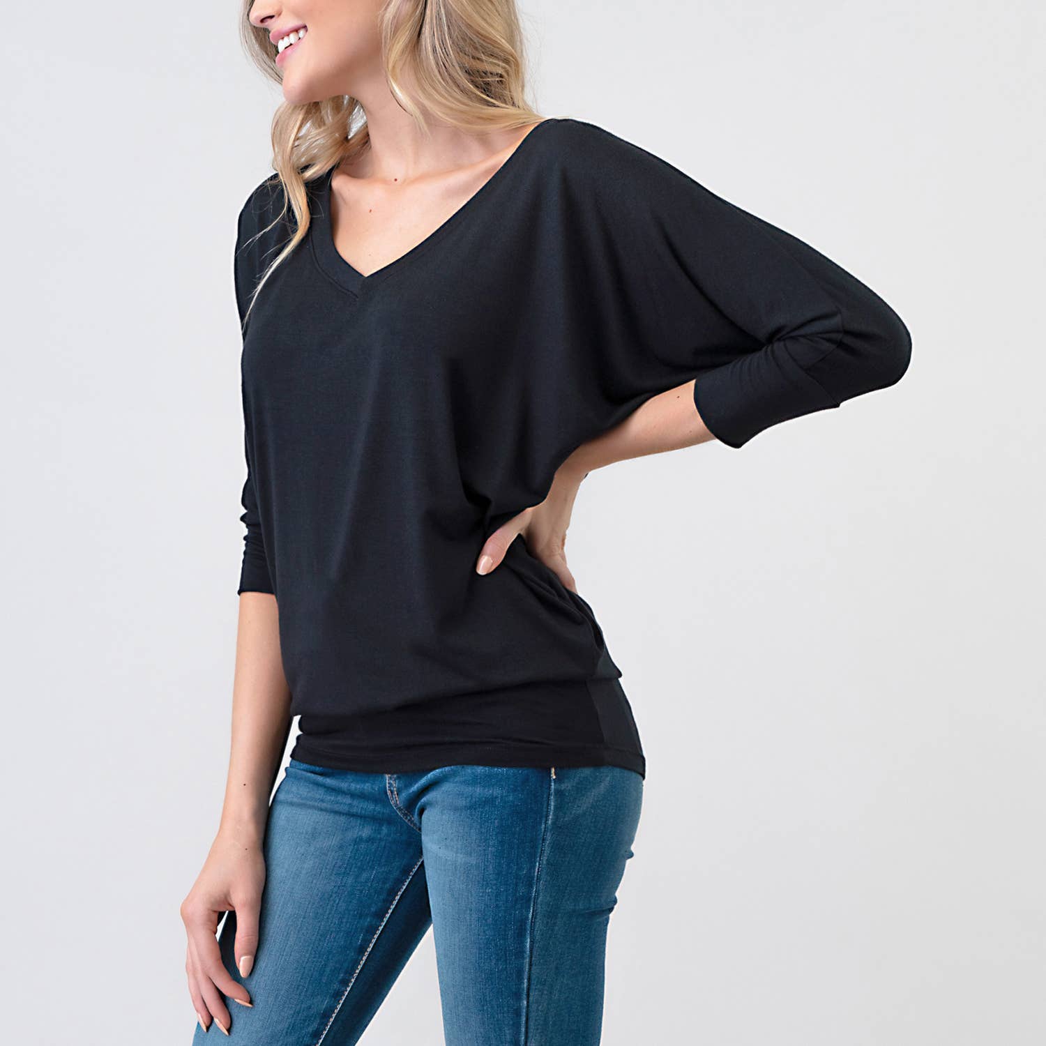 Heimious - Wholesale Knit Top - Women's - 3/4 Dolman Sleeve V-neck Modal Jersey Top, 25738