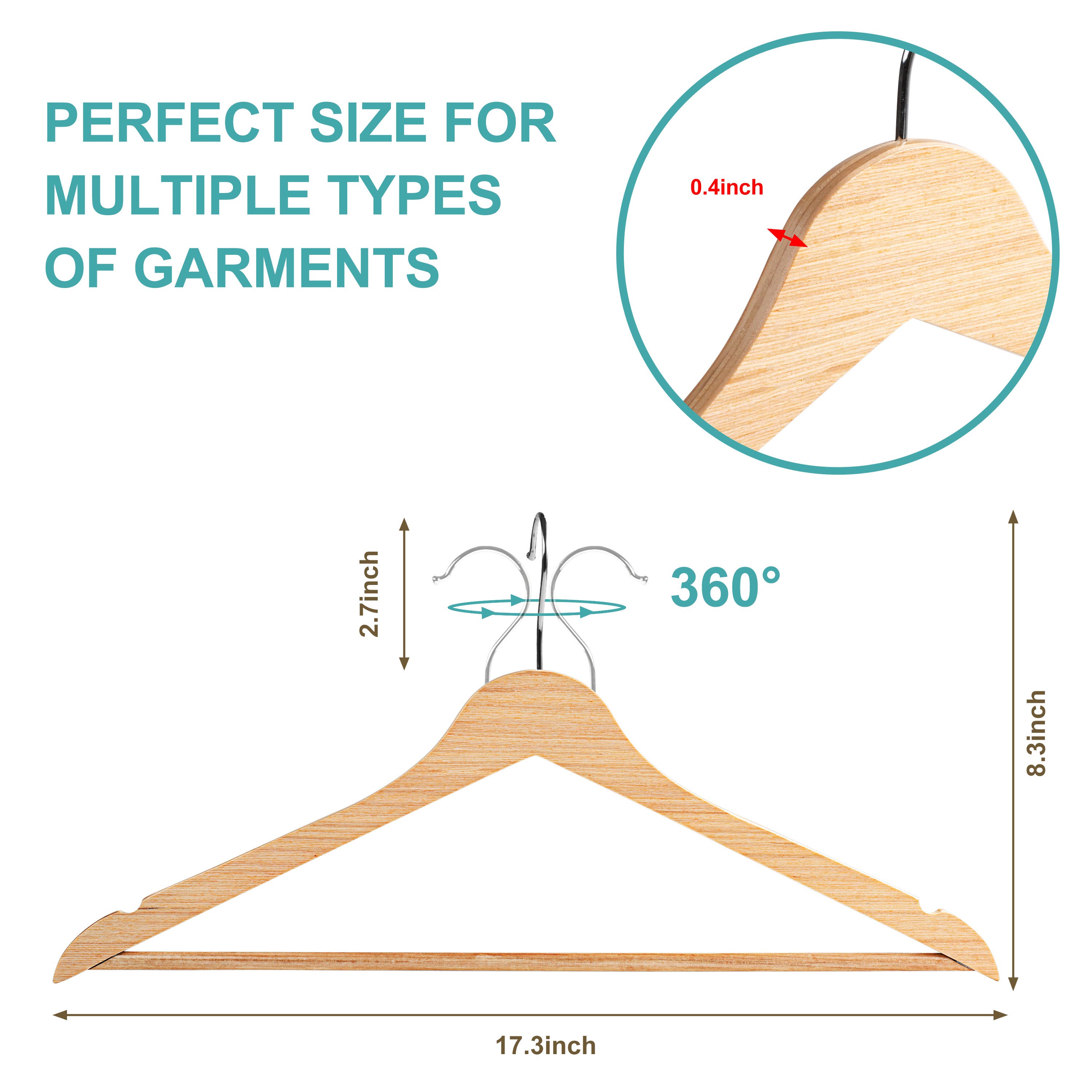 Quality Hangers - Wholesale Clothes Hangers - WLM21-NT Slim Wooden Suit Hanger with Bar, 17" Natural - 1203