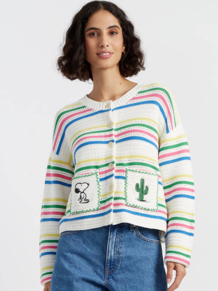 Cream Cotton Snoopy Vacation Cardigan for wholesale by Chinti & Parker