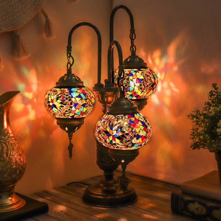 Natures Artifacts Inc - Wholesale Accent/Desk Lamp - Handmade Mosaic Arc Lamp with 3 Multi Color Globes1