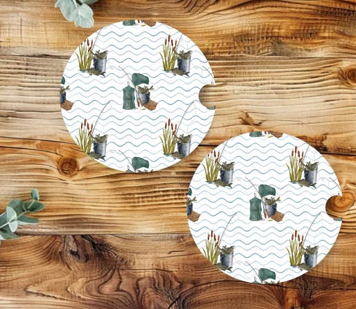 Prairie Chicken Sticker Shop & Gifts - Wholesale Car Coaster - Unisex - Fishing Lures & Poles Neoprene Car Coaster Set