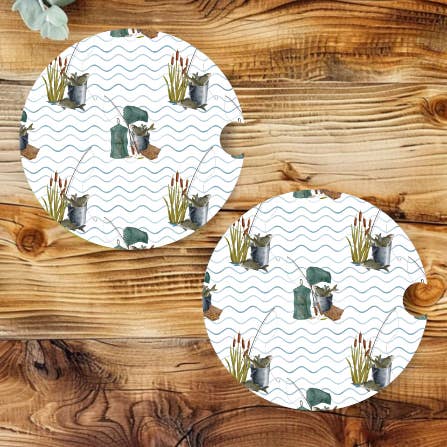 Prairie Chicken Sticker Shop & Gifts - Wholesale Car Coaster - Unisex - Fishing Lures & Poles Neoprene Car Coaster Set 0