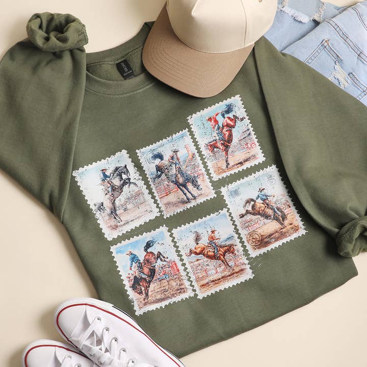 Rodeo Cowboy Postage Stamps Heavyweight Sweatshirt for wholesale by Fashion City